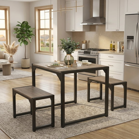 Aiho 25.6" Compact Dining Table Set for 2 w/2 Stools - Space-Saving Metal Frame & Wood Top for Small Kitchens, Breakfast Nook - Gray