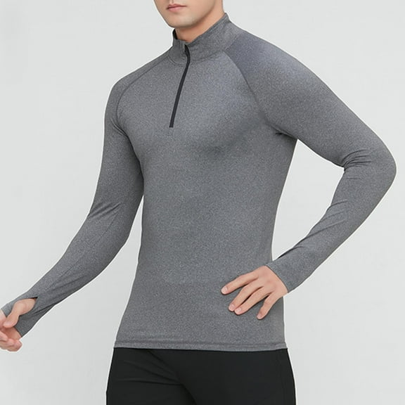 hlysgo Mens Sun Protection Shirts Long Sleeve Quarter Zip Pullover Fitted Workout Gym Shirt for Men UV Protection Clothing Outdoor Running Tshirts Gray,M