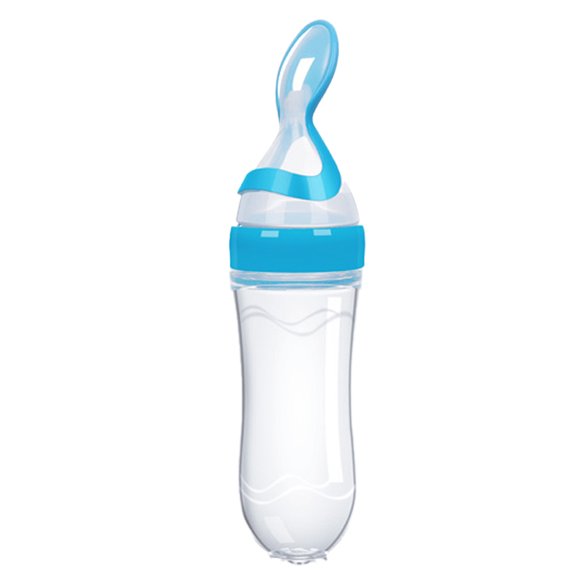 Baby Food Feeder Squeeze Cereal Feeding Bottle, Silicone Dispensing Spoon with Dust Cover Blue