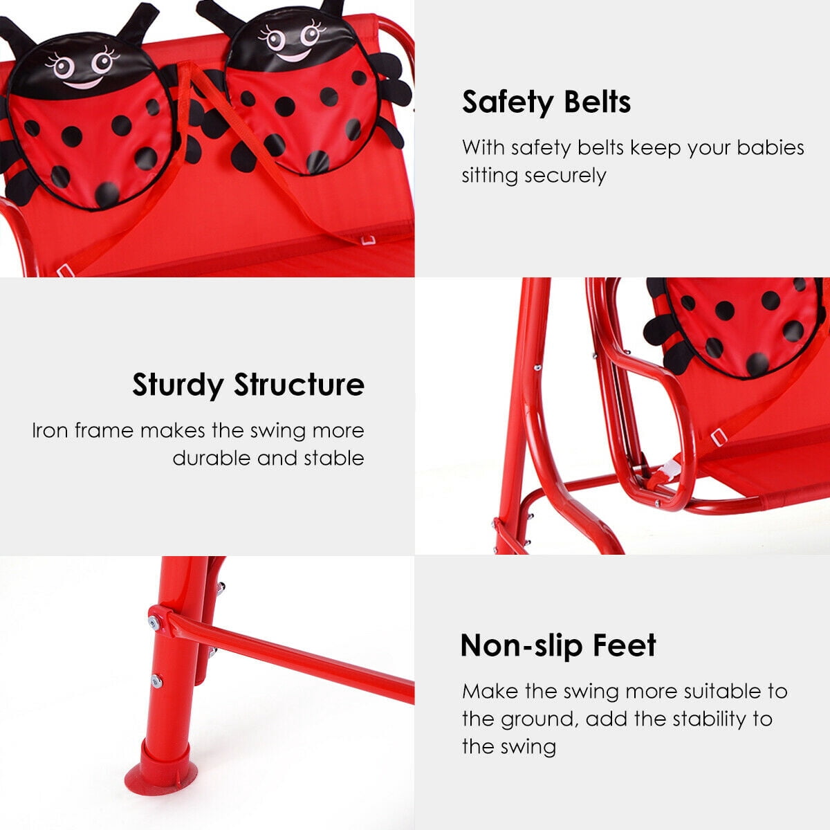 Gymax Red Kids Patio Porch Bench Swing w/ Safety Belt Canopy Outdoor Furniture