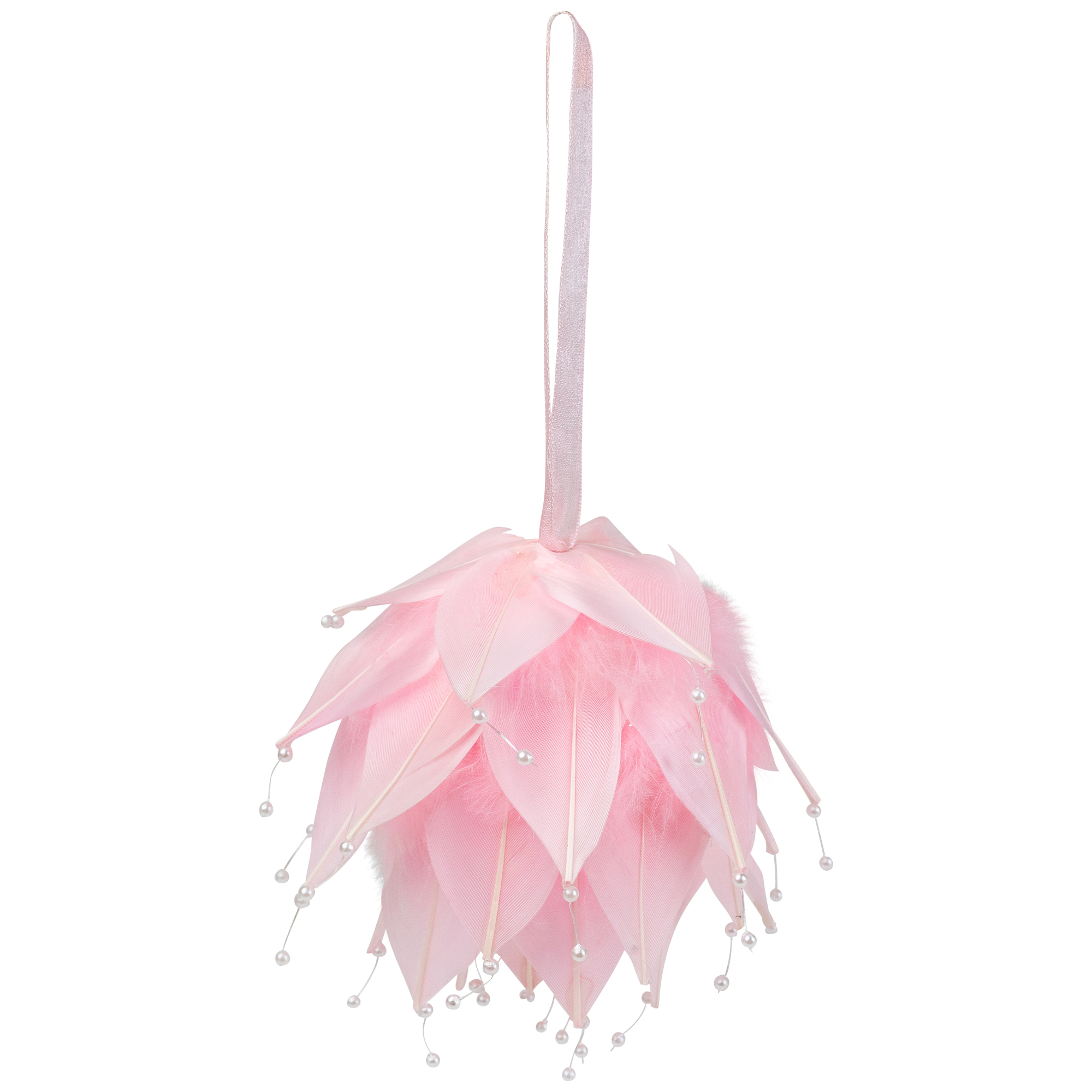 Feathered Ball with Pearls Christmas Ornament - 4.25" - Pink and White