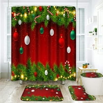Christmas Bathroom Sets with Shower Curtain and Rugs and Accessories, Red Vintage Tree Ball Shower Curtain Sets, Winter Shower Curtains for Bathroom Decor 4 Pcs