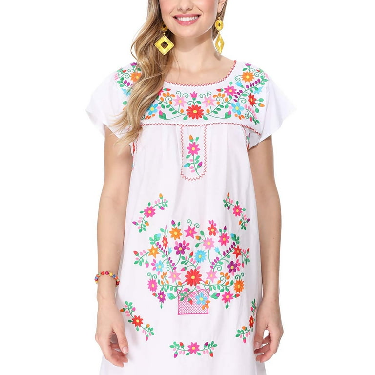 Unik Embroidered Traditional Mexican Dress (White, S), Women's, Size: Small Unik Embroidered Traditional Mexican Dress (White, S), Women's, Size: Small