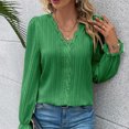 thumbnail image 5 of AXXD Women Blouses Green Basic 2024 Fall Solid Color Long Sleeve V-Neck Lace Splicing Hollow Bubble Sleeve Shirt, 5 of 6