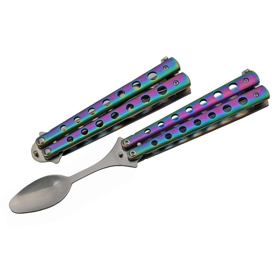 SZCO 5-Inch Artisan Rainbow Folding Spoon Balisong-Style Trainer with Stainless Steel Finish Portable Camping and Skill Practice Tool