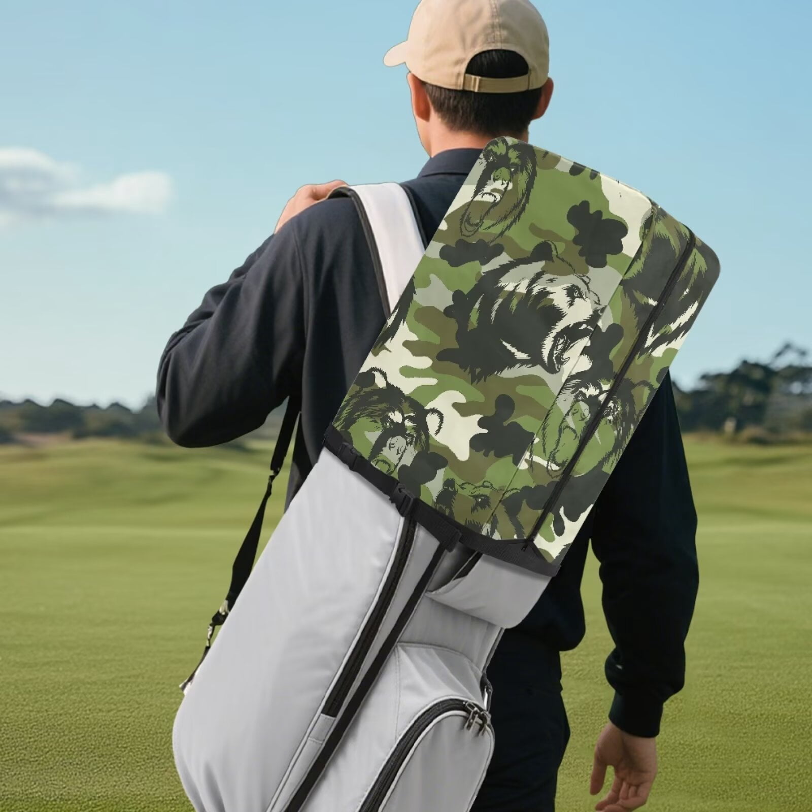 Chririnla Camo Bear Hood Golf Bag Cover Waterproof Rain Cape Dust Protection Cover for Clubs, Fits Most Stand Bags, Cart Bags & Tour Bags