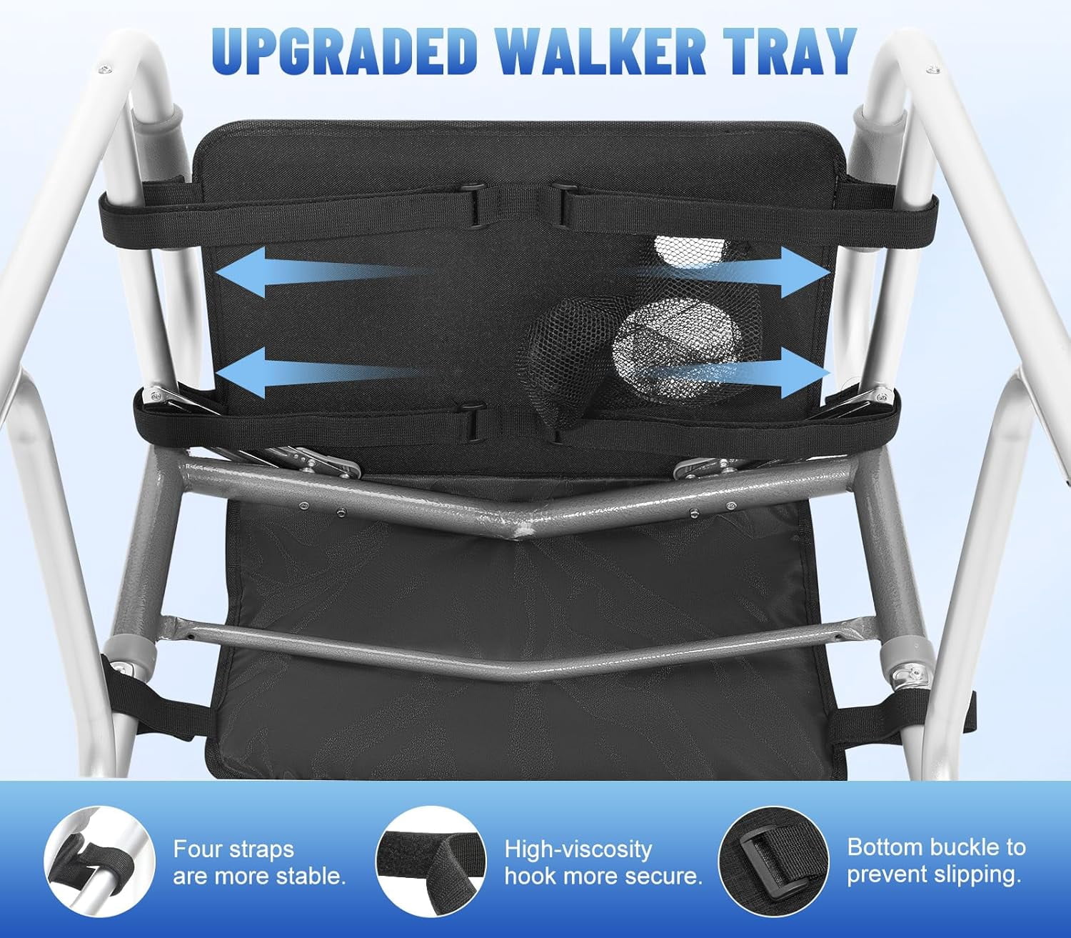 Rhino Valley Walker Tray for Folding Walker, Tray for Walkers with Non-Slip Mat for Food, 3 Front Pockets & 2 Cup Holders, Fits Most Standard Folding Walkers, Walker Accessories for Senior, Black