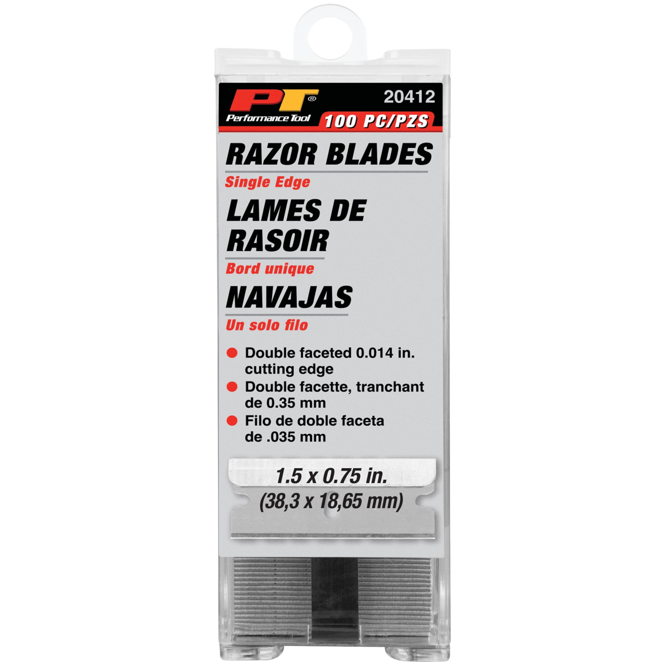 Performance Tool 20412 100 Pack of Single Edge Steel Razor Blades - Carbon Steel, Utility Blades, Storage Box