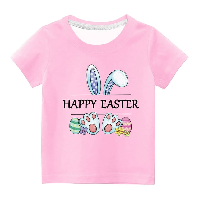 Penkiiy T-Shirts de Pâques pour Enfants Garçons Filles Mode Oreilles de Lapin de Pâques Œufs de Pâques Imprimé Col Rond Manches Courtes 5 Ans Rose