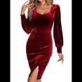 thumbnail image 3 of Vestido de Terciopelo de Larga para Mujer, Minivestido de una Pieza con Escote Cuadrado y Mangas Farol, Abertura Lateral en el Dobladillo Vino Tinto M, 3 of 7