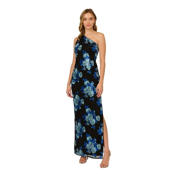 ADRIANNA PAPELL Robe Formelle Longue Sans Manches à Encolure Asymétrique Noire en Maille Brodée avec Fermeture Éclair et Fente pour Femmes Taille 4