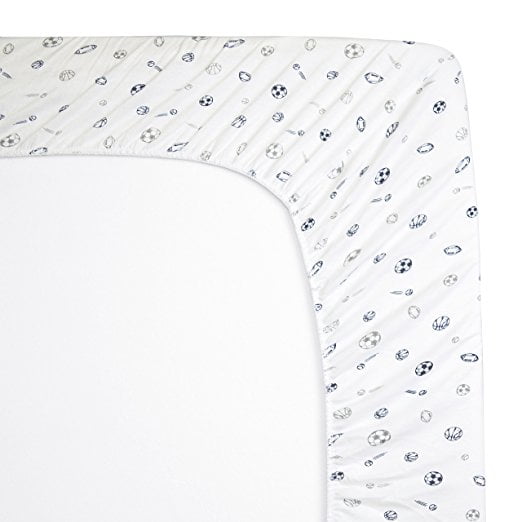American Baby Company 100% Natural Cotton Fitted Pack and Play Sheet 39" x 27" - Soft & Breathable Pack N Play Sheet for Playpen, Playard & Mini Crib Mattress, Navy/Grey Sports, for Boys & Girls