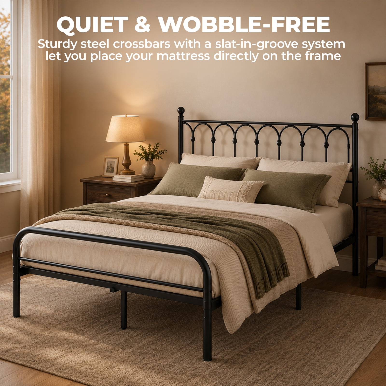 Alvantor Metal Platform Bed Frame, Classic Iron Art Headboard & Footboard, Stable & Noiseless, 11.9 Inch Under Bed Storage, No Box Spring Needed, Easy Assembly, Black