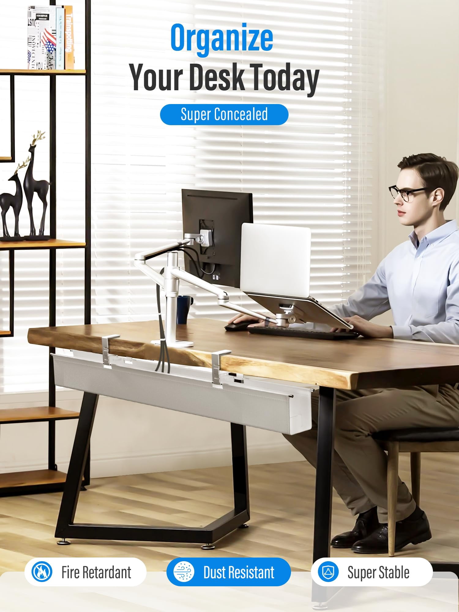 [upgraded] Large Under Desk Cable Management Tray  No Drill 28.4" Fabric Cord Hider For Wire Organizer Office Home - Supports Up To 30lbs White