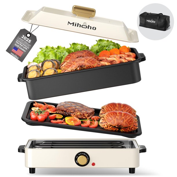 Olla de cocción lenta de gran capacidad antiadherente con tapa, sartén eléctrica 2 en 1 de 1400 W para parrilla y olla caliente con bolsa de transporte, cocina con temperatura ajustable (blanco)