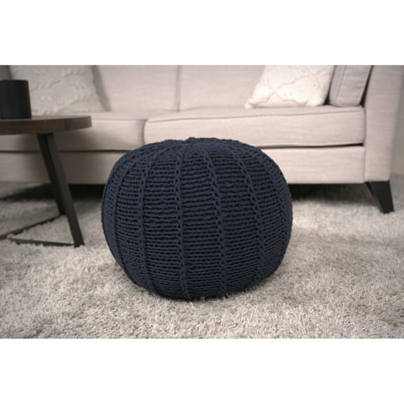 Knitted Cotton Dark Blue Round And Floor Cushion Pouf - 200lbs Weight Capacity, Decorative Object, Spot Clean, Beads Included & Support, Element, Inside
