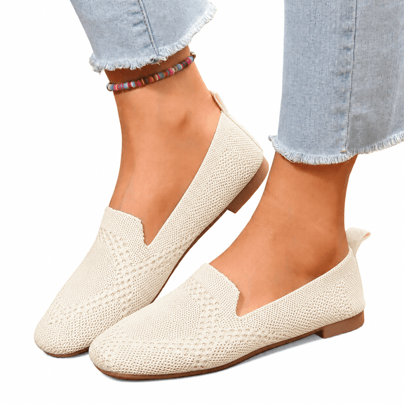 Women's Casual Slip-On Loafers Breathable Knit Flats Square Toe Walking Shoes Summer Beach Sandals
