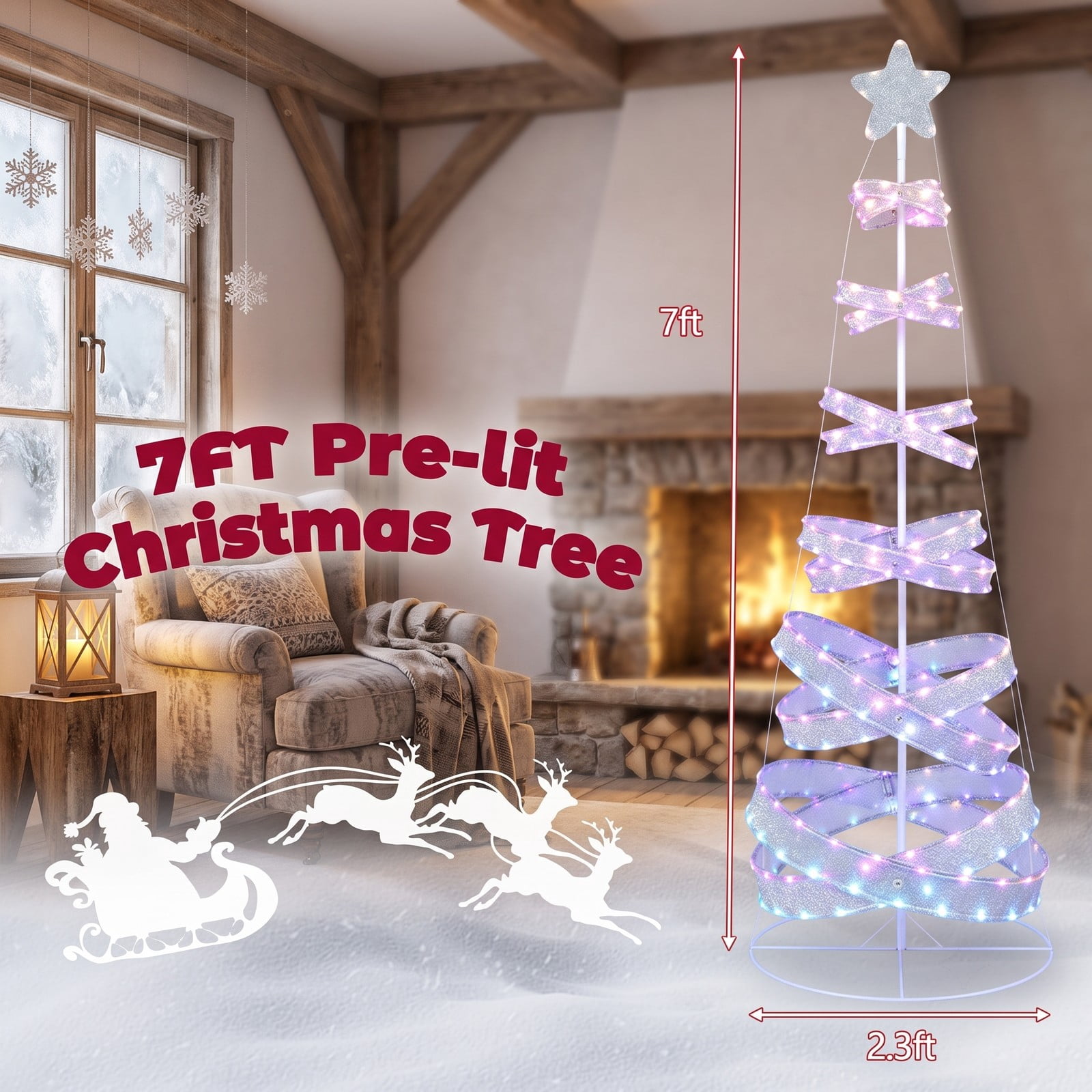 RUIE 7 FT Outdoor Spiral Christmas Tree with 341 LED Lights, 34 Lighting Modes Collapsible Metal Xmas Tree for Yard Party Holiday Decoration, White