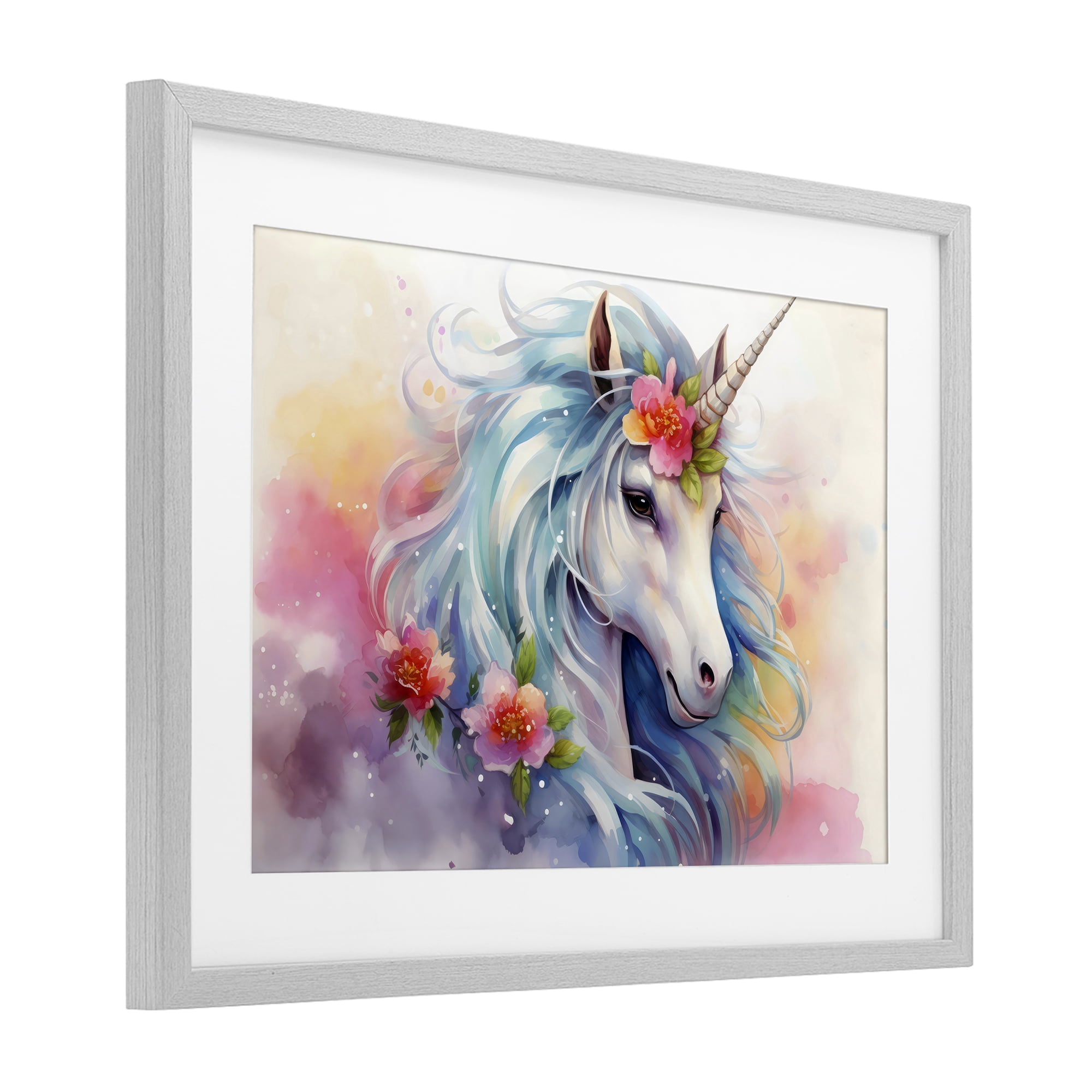Stupell Industries Magical Unicorn with Blossoms Gray Framed Print Under Glass, design by Creative Studio