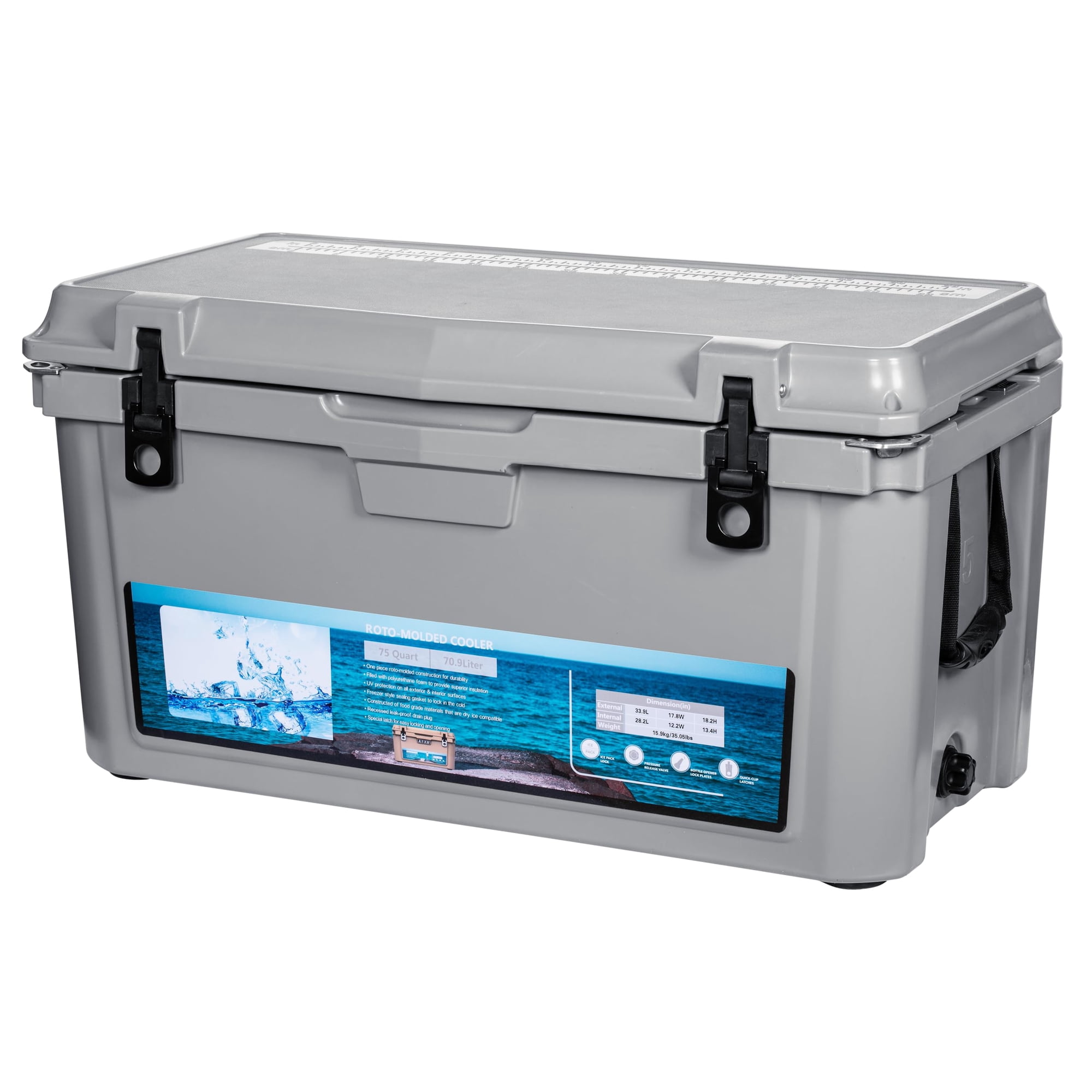 75qt Camping Cooler, Extra-Thick Insulation Keeps Ice Up to 7 Days, Portable Ice Chest with Strap and Handle, for Food and Drinks, Beach, Picnic, Fishing, Boating