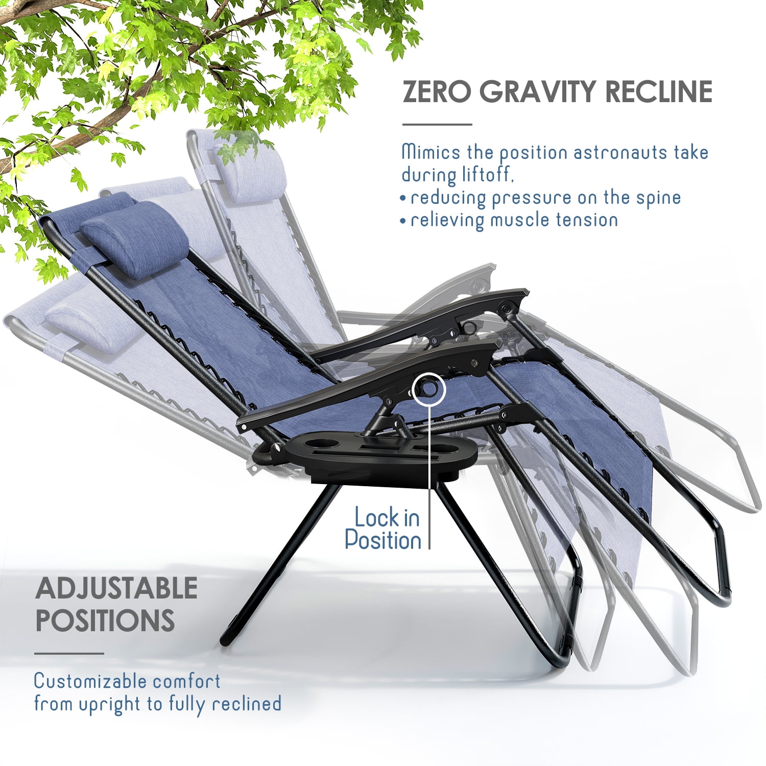 LammaLoe Zero Gravity Chair, Outdoor Lounge Chairs with Cup Holder, Blue