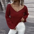 thumbnail image 2 of Duoif Sweaters for Women Trendy Women Fashion Solid Color Long Sleeve V Neck Loose Knit Pullover Sweater Women's Sweaters Womens Tops Red M, 2 of 6