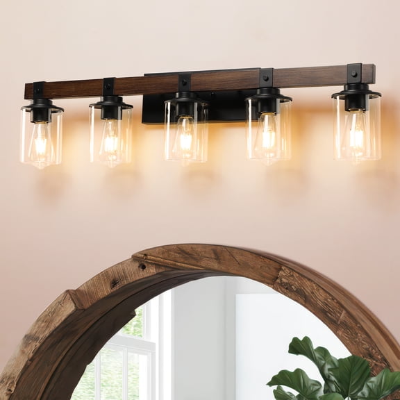 HKMGT Farmhouse Wood Bathroom Vanity Light, E26 Base, Black Industrial Wall Sconce with Clear Glass Shade