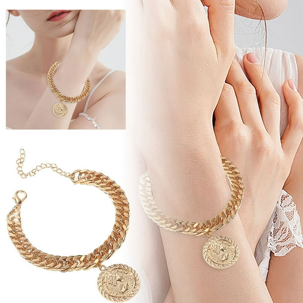 Pulsera retro con cadena gruesa para mujer Joya con placa grande estilo francés