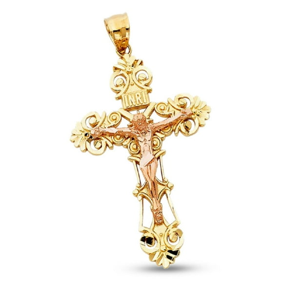 Crucifix INRI Charm Solid 14k Yellow Rose Gold Jesus Cross Pendant Two Tone Filigree 45 x 30 mm