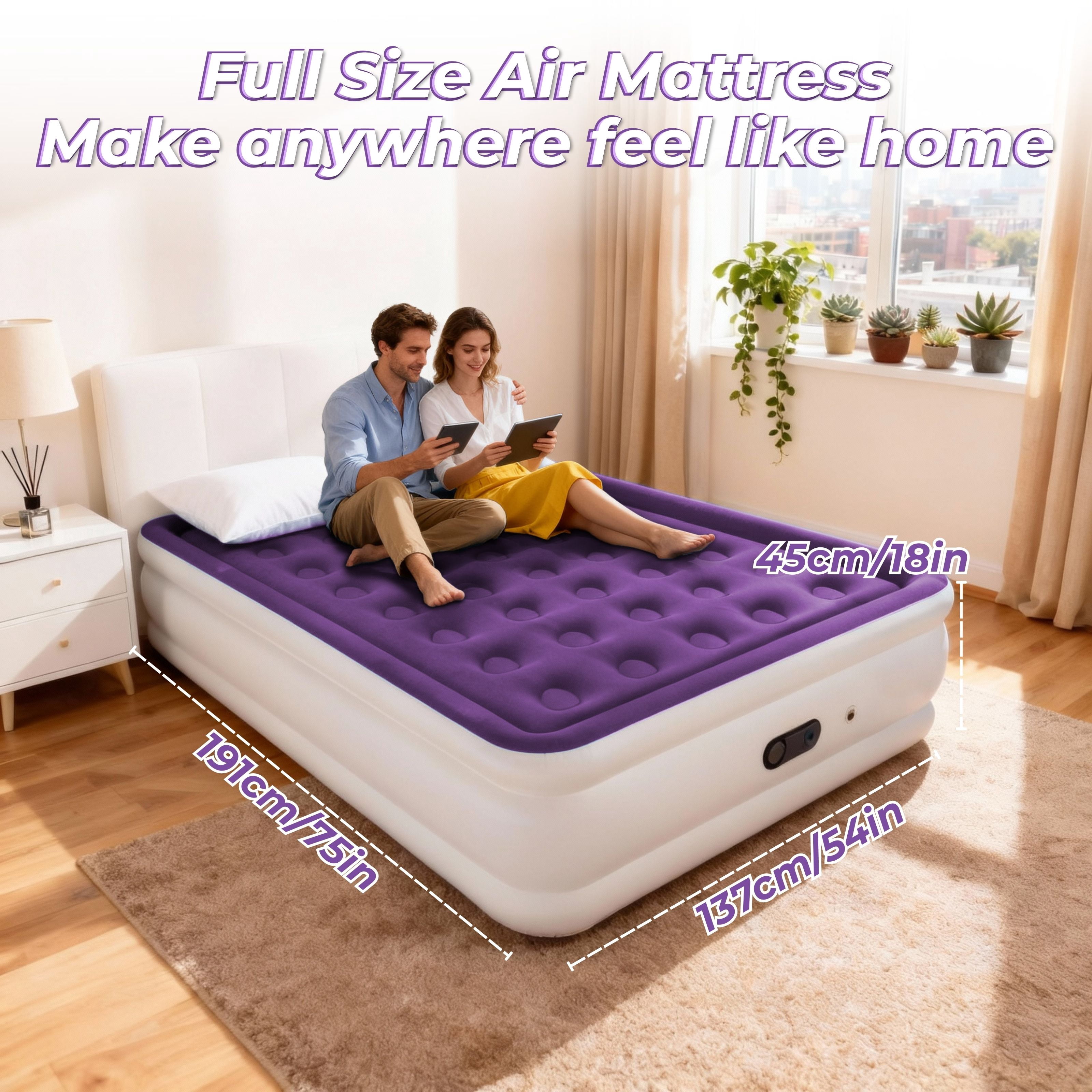 LussoAmor 18" Full Air Mattress with Built-in Pump, 3-Mins Self-Inflation, Blow Up Bed for Camping, Home & Guest, 600lb, Purple