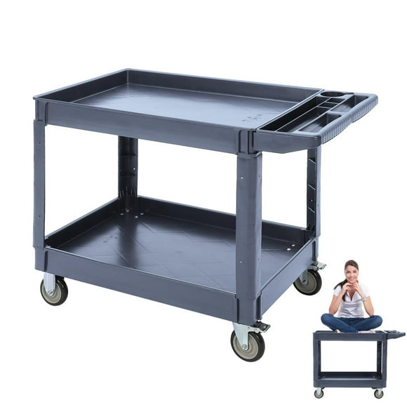 Service Cart 2-Shelf, 500 LBS Heavy Duty Rolling Utility Cart with Wheels and Two Trays, for Warehouse, Garage, Cleaning, Manufacturing, Storage Handle, 45"X25", Grey