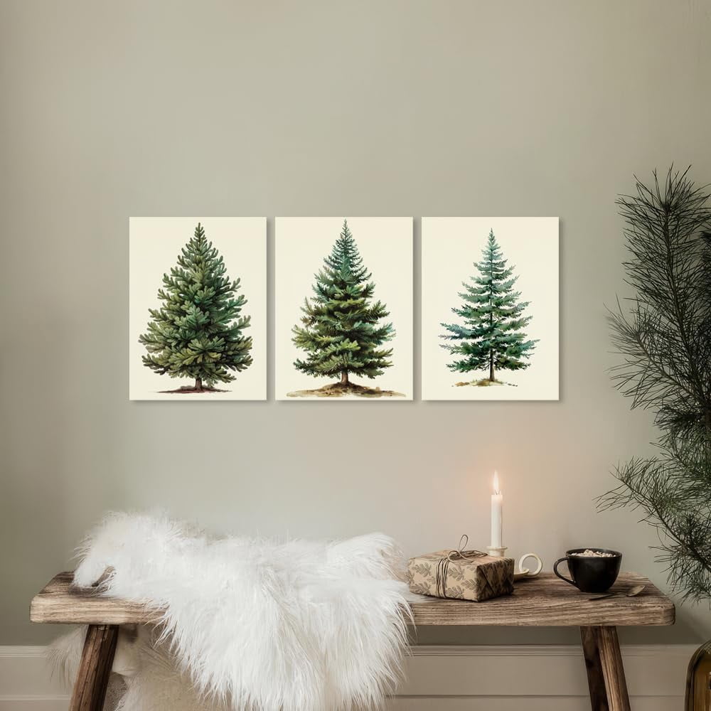 Christmas Trees Canvas Wall Art - Set of 3 Framed 12 X 16 Inch Netural Vintage Christmas Trees Picture Earth Tones Green Christmas Painting Wall Decor Art Print for Holiday Living Room Bedroom Office