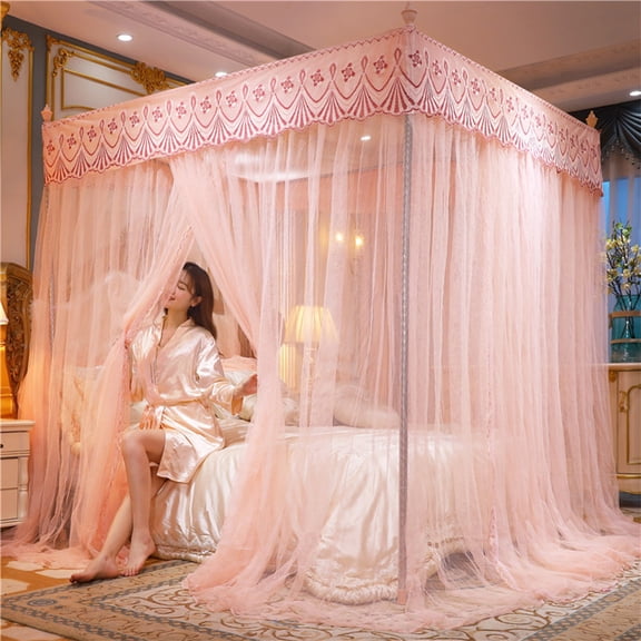 Eespoir Three-door Palaces-style Mosquito Net, Household Princess-style Floor-length Net, Bed Canopy Mosquito Net for Bedroom Decoration, Canopy Style(Beige)