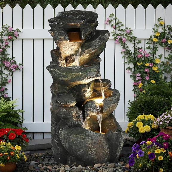 HOMEDIARY 4-Tier Cascading Rock Water Fountain, 39.2" Tall Outdoor Waterfall Fountain with LED Lights, Stone Texture Large Floor-Standing Resin Water Feature for Garden, Patio, Deck, Porch & Indoor