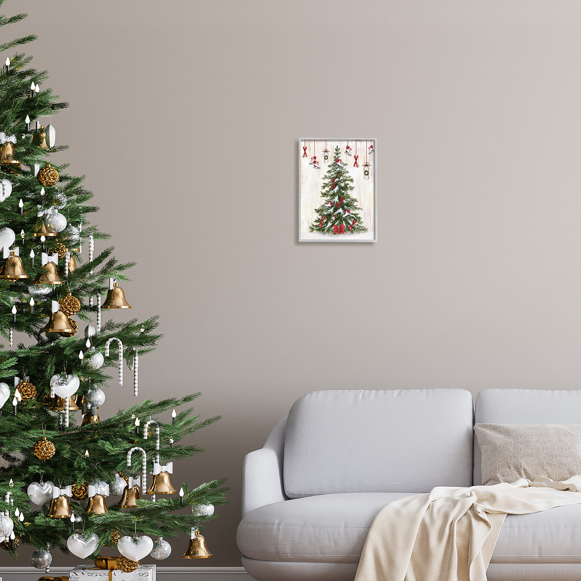 Stupell Industries Ice Skates & Sleds on Tree Holiday Painting Gray Framed Art Print Wall Art, 11 x 14