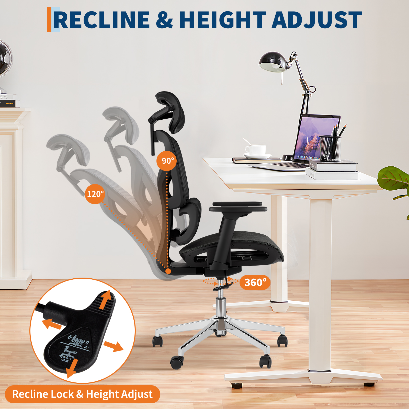 Accreate Ergonomic Mesh Office Chair, High-Back Executive Chair with Adjustable Lumbar Support, Breathable Desk Chair with 360° Swivel and Rolling Casters, Comfortable Computer Chair for Home Office