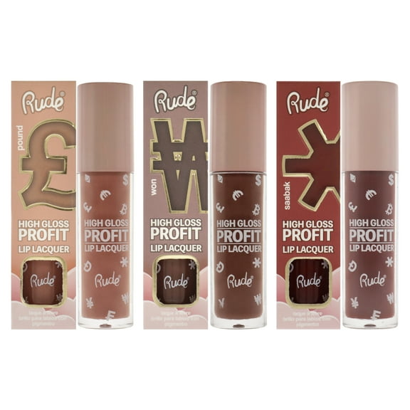 Rude Cosmetics High Gloss Profit Lip Lacquer Kit , 3 Pc Kit 3 X 0.141oz Lip Gloss - Pound, Saabak, Won- Pack of 3