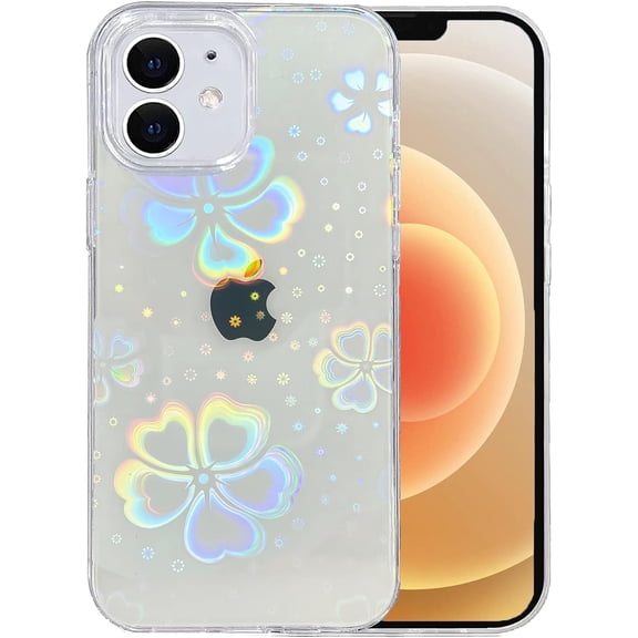 Case for iPhone 12, iPhone 12 Pro Case, Clear Glitter Cute Laser Holographic Floral Pattern for Women Girls, Anti-Yellow Hard PC Protective Cover for iPhone 12/12 Pro, Rainbow Leaf Flower