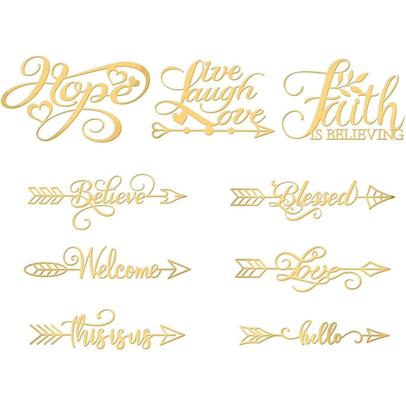 9pcs 1.6x1.6 inch Word Sticker Blessing Arrow Self Adhesive Gold Stickers Inspirational Word Metal Gold Stickers for Scrapbooks DIY Resin Crafts Phone Water Bottle Decoration