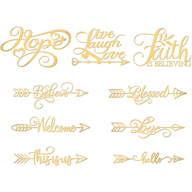9 pegatinas autoadhesivas de 1,6 x 1,6 pulgadas con forma de flecha de bendición, doradas, con palabras inspiradoras, de metal dorado.