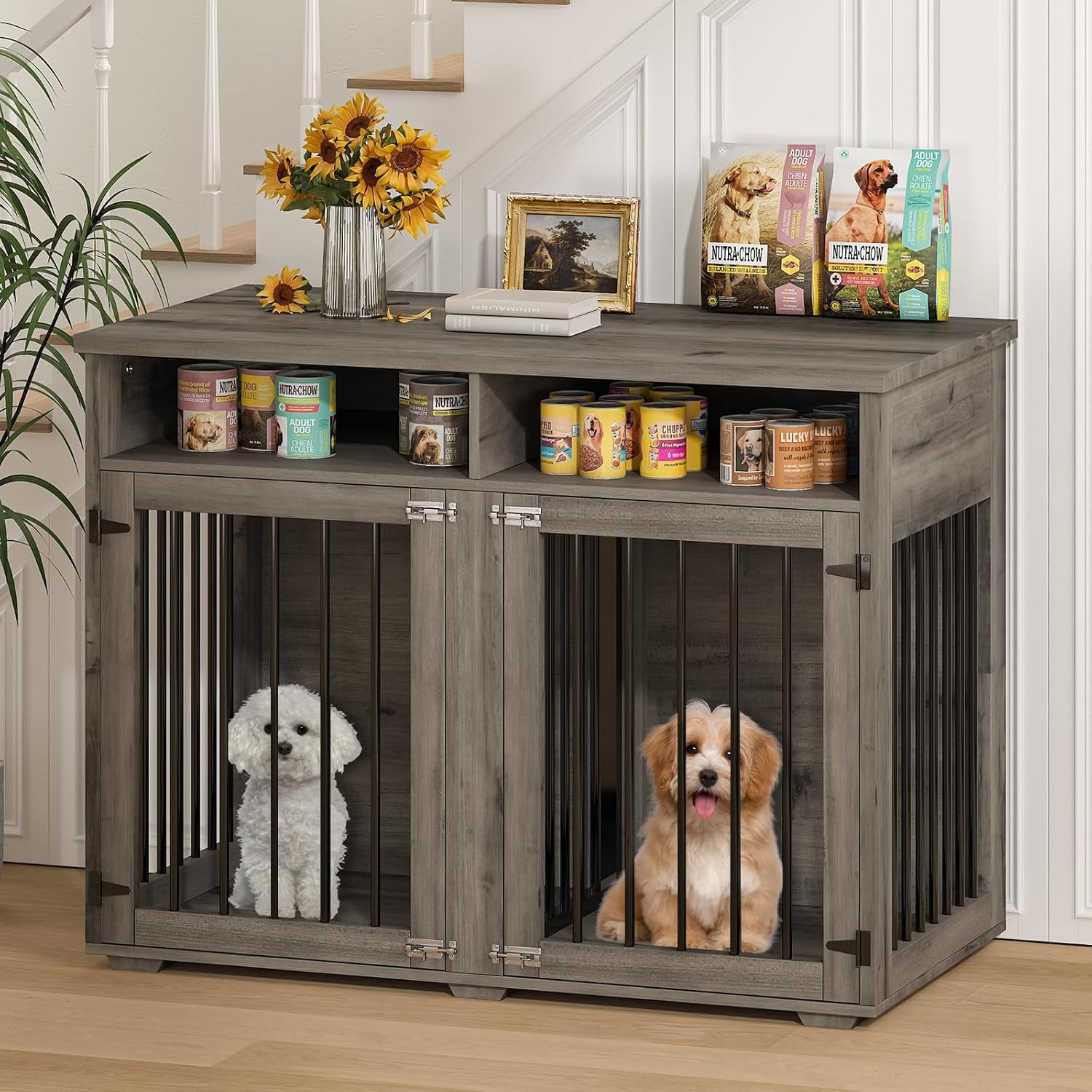 DreamCurship 41 Inch Dog Crate Furniture, 2-Door Wooden Dog Crate Kennel Furniture with Divider, Indoor Dogs Kennel for Small to Medium, Rust Brown
