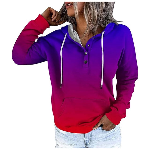 Women's Fashion Street Style Color Changing Button Collar Drawstring Hoodie Casual Autumn Winter Sports Sweatshirt