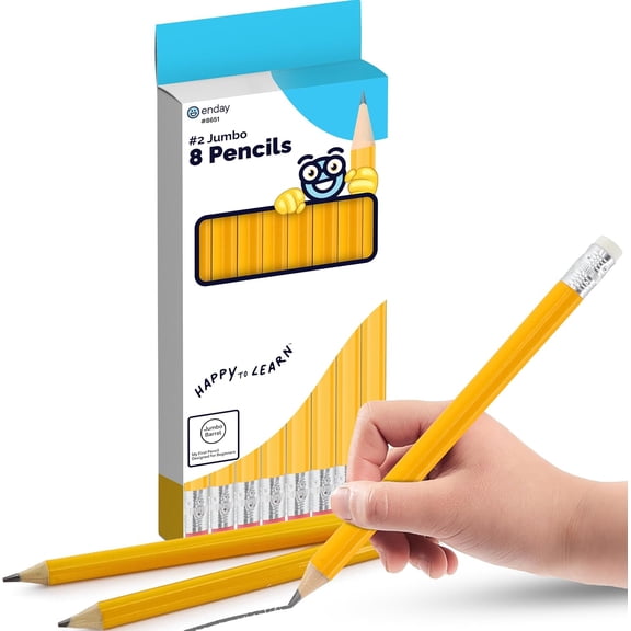 Enday Jumbo Pencils For Preschoolers (8 Pack) No 2 for Kids, Kindergarten School Supplies, Fat Pre-Sharpened Round Pencil with Eraser Top, Thick Pencils for kids ages 4-8