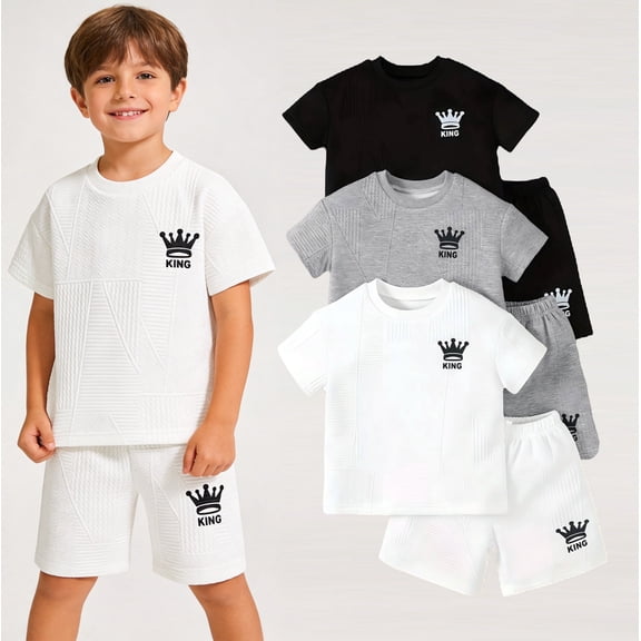 Jolyshlid Boys Shorts Sets 6Pcs Summer Outfits Texture Short Sleeve T Shirts and Shorts Sets for Kids White Grey Black 4-14 Years