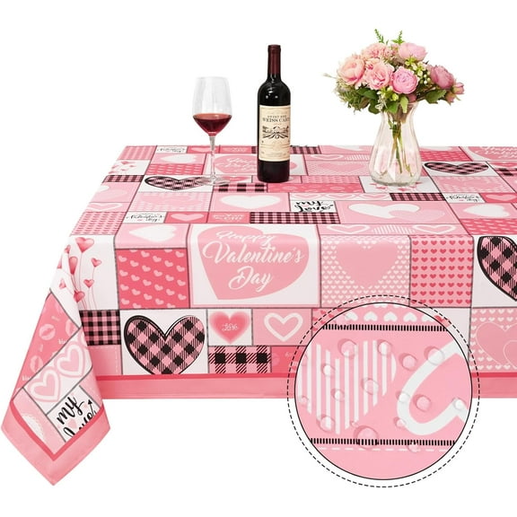 Valentines Day Tablecloth Square 52x52 Inch, Red Buffalo Plaid Tablecloth, Love Hearts Table Cloth, Waterproof Table Cover for Valentine''s Day Party Kitchen Dining Room Holiday Decor, Red