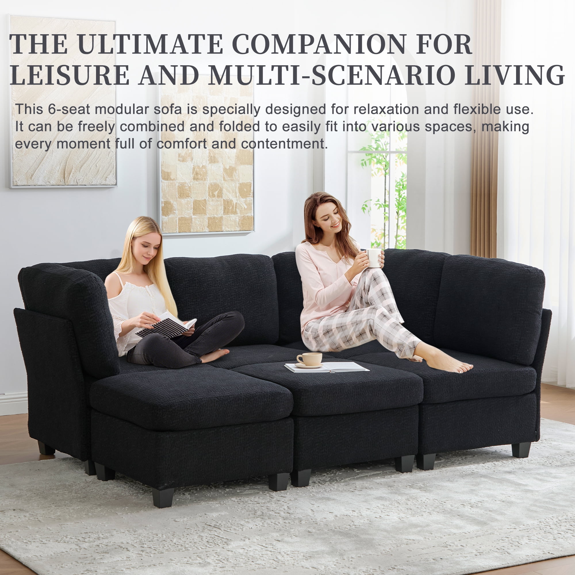 MOONMISS 6-Seat Polyester Upholstered U-Shaped Modular Storage Sleeper Sectional Sofa with Storage Ottoman-Black