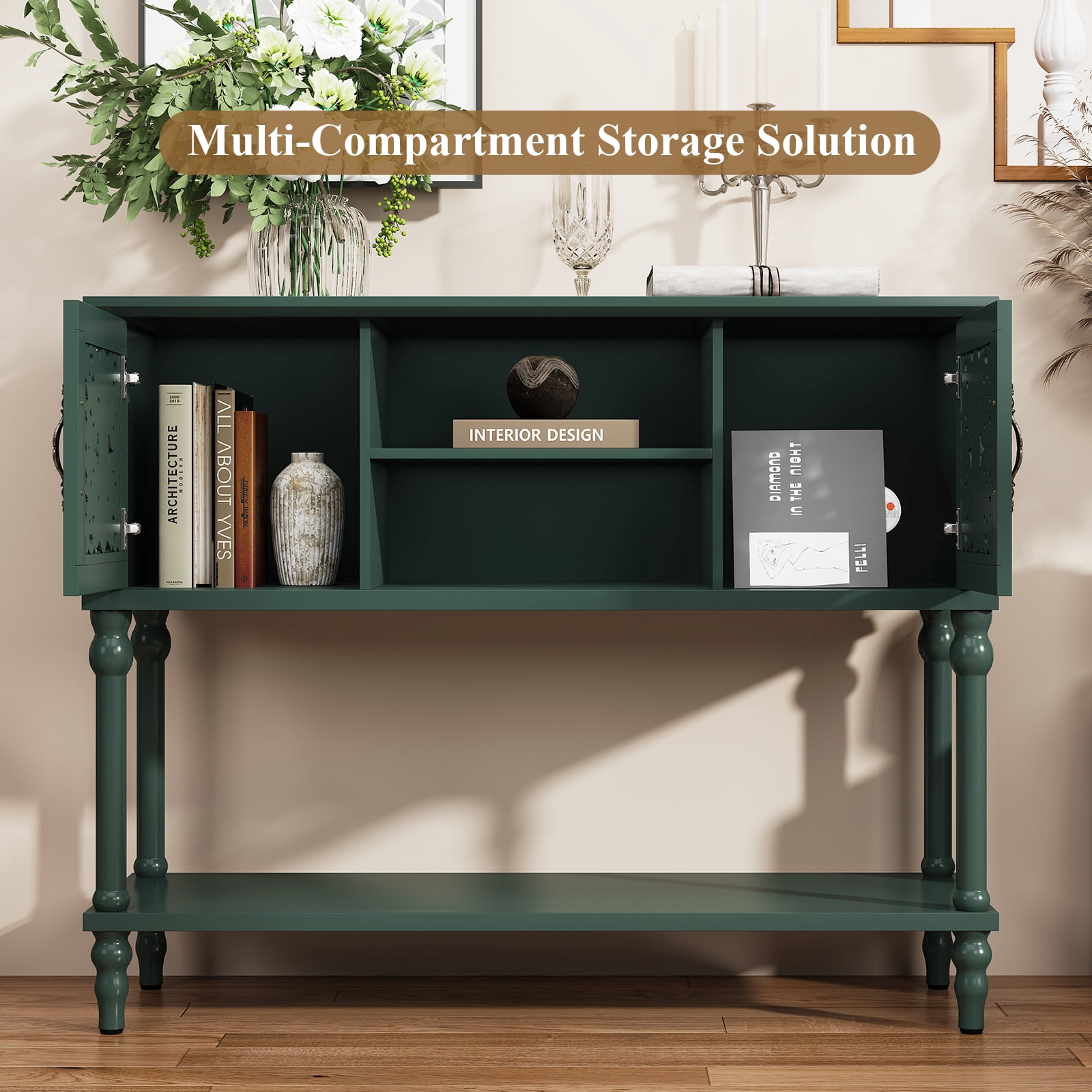 HLR Modern 42" Console Table with Storage, Entryway Table Wood Behind Couch with Shelves for Living Room, Green