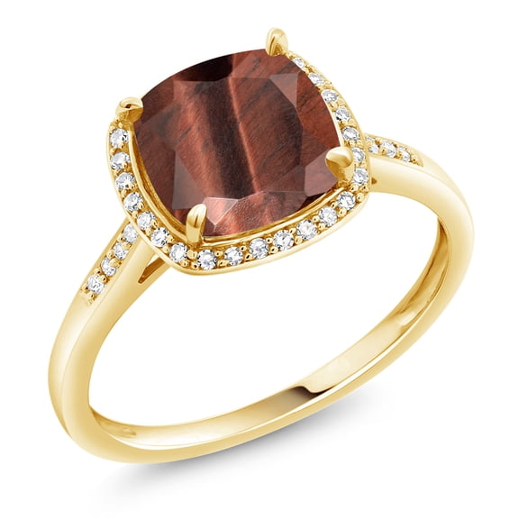 Gem Stone King 2.25 Ct Cushion Red Tiger Eye White Diamond 10K Yellow Gold Ring