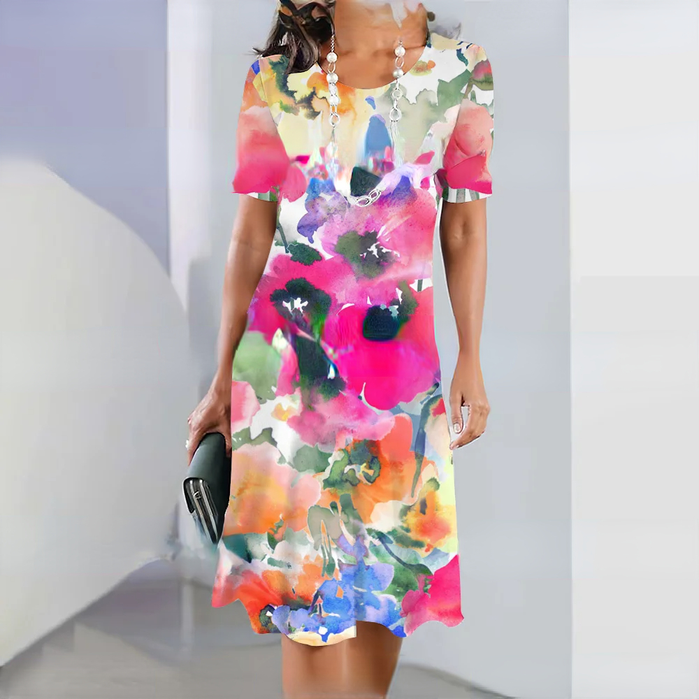 2024 New Women's Dresses Midi Floral Printed Summer Elegant Dress