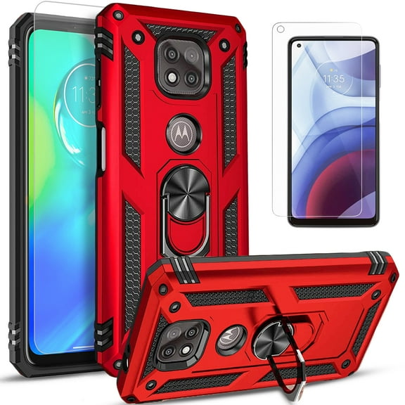 Motorola Moto G Power 2021 Case,  With [Tempered Glass Screen Protector Included], STARSHOP Drop Protection Ring Kickstand Cover- Red
